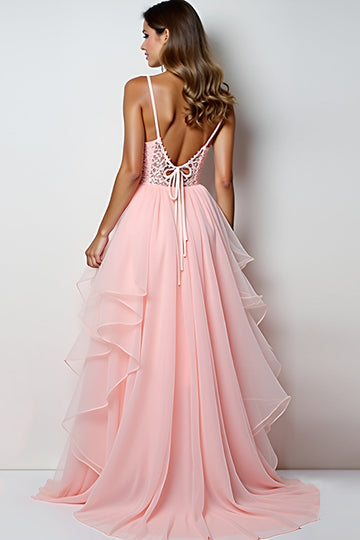 Rodnande Rosa En linje Spaghetti Straps Lång Balklänning Med Ruffles